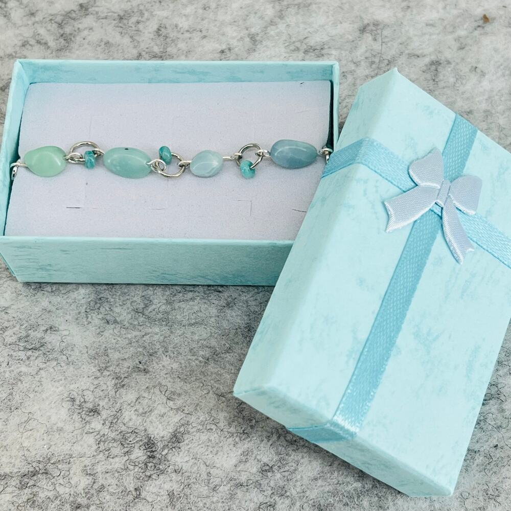 HANDMADE Amazonite & Tumbled Green Tangelite Silver Tone Bracelet 8''